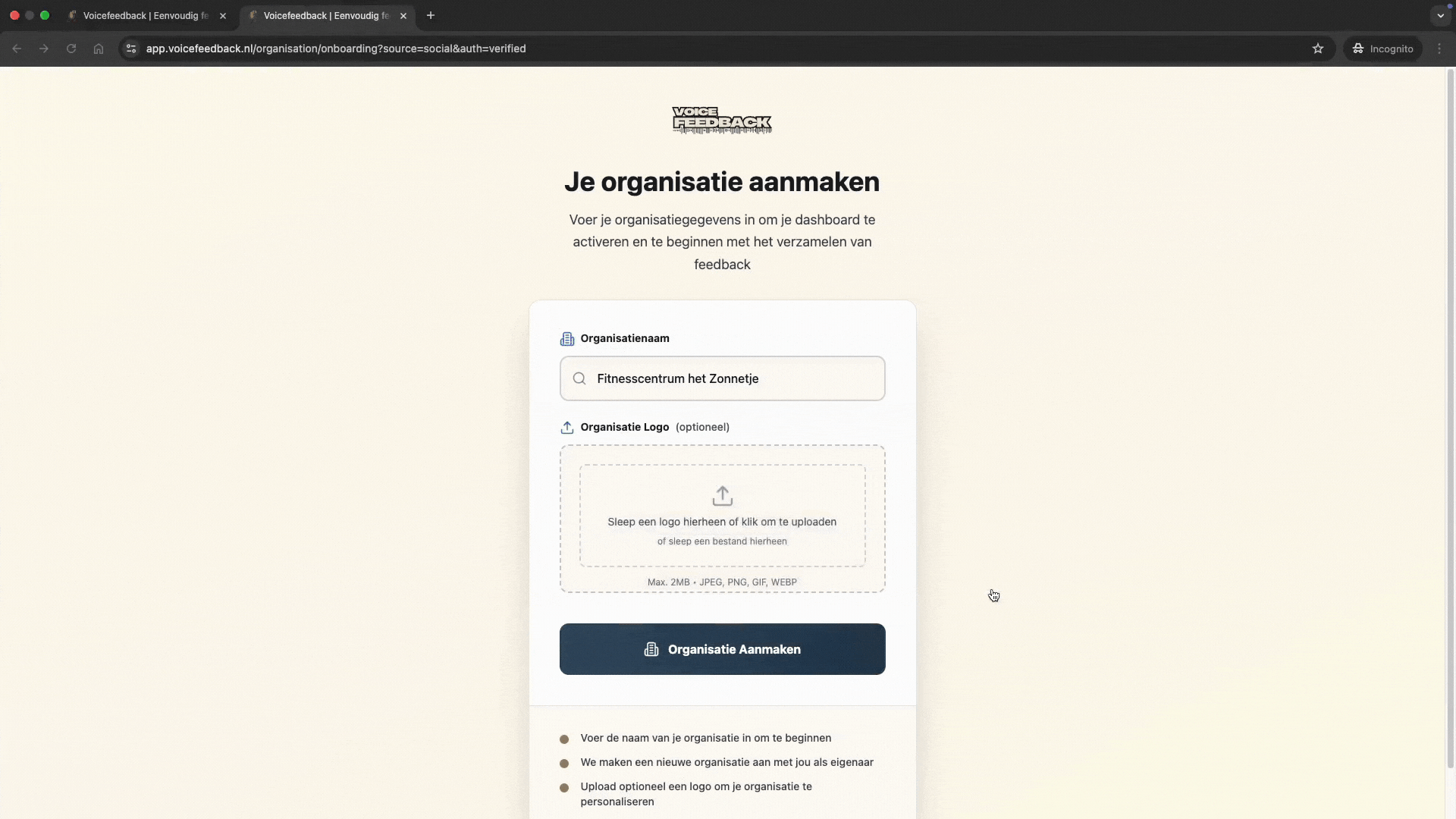 Onboarding pagina invullen